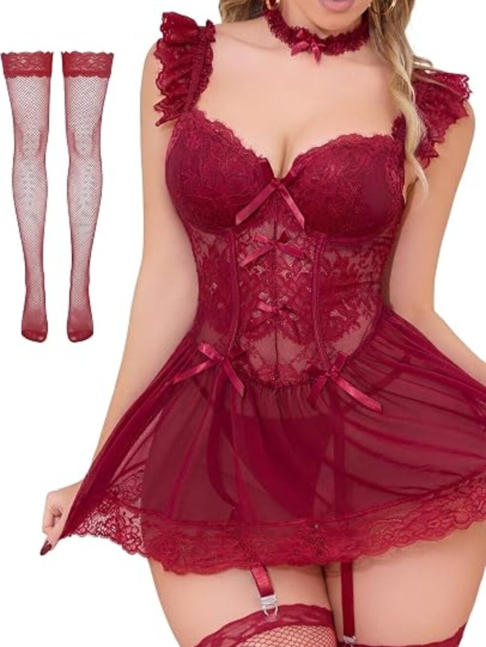 Sexy Underwired Lingerie for Women Stockings Choker Thong Color Burgundy